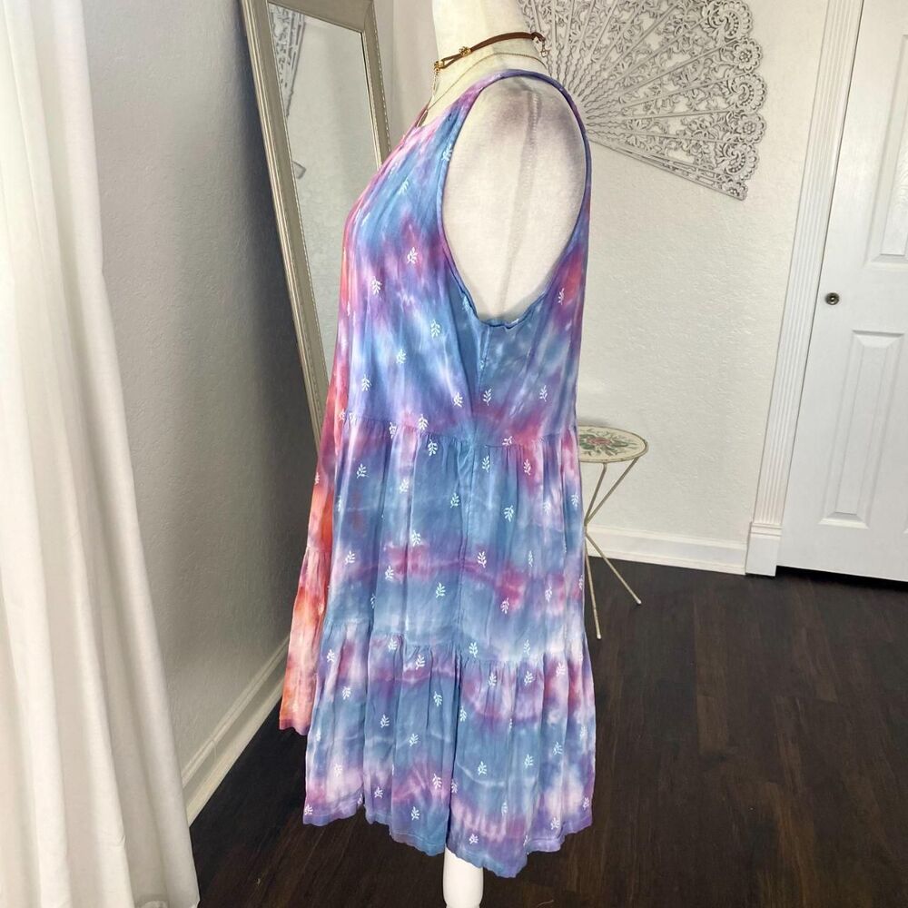 Early 2000's Floral 100% Cotton Orange Pink Purple Tie Die Babydoll Dress L - Picture 5 of 7